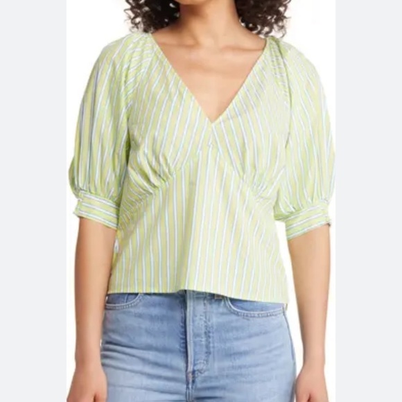 SANCTUARY STRIPED COTTON POPLIN BLOUSE TOP GREEN MEDIUM - Picture 1 of 9